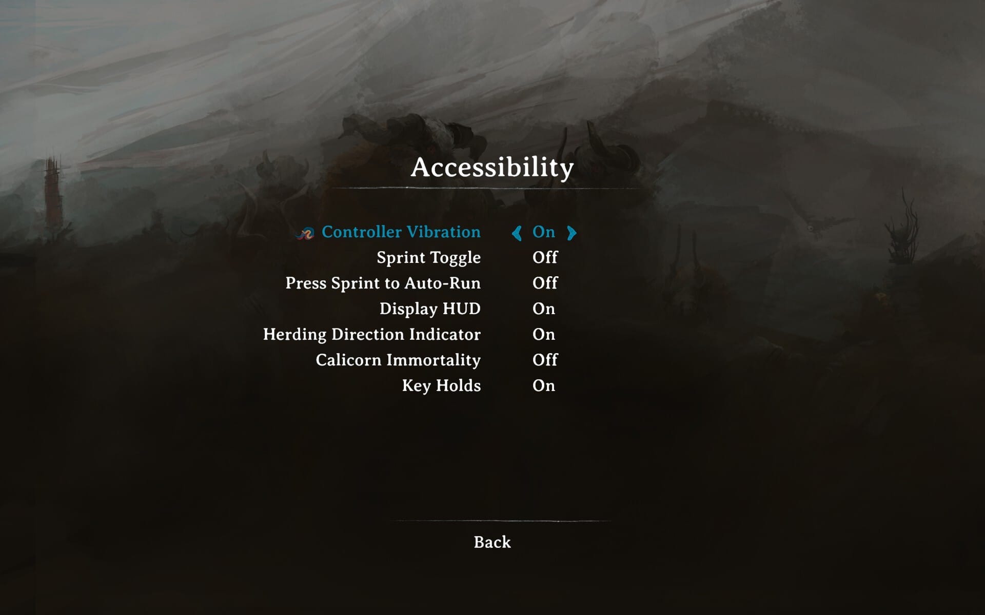 Herdling's accessibility menu featuring: controller vibration, sprint toggle, auto-run, display HUD, direction indicator, Calicorn immortality, and key holds.
