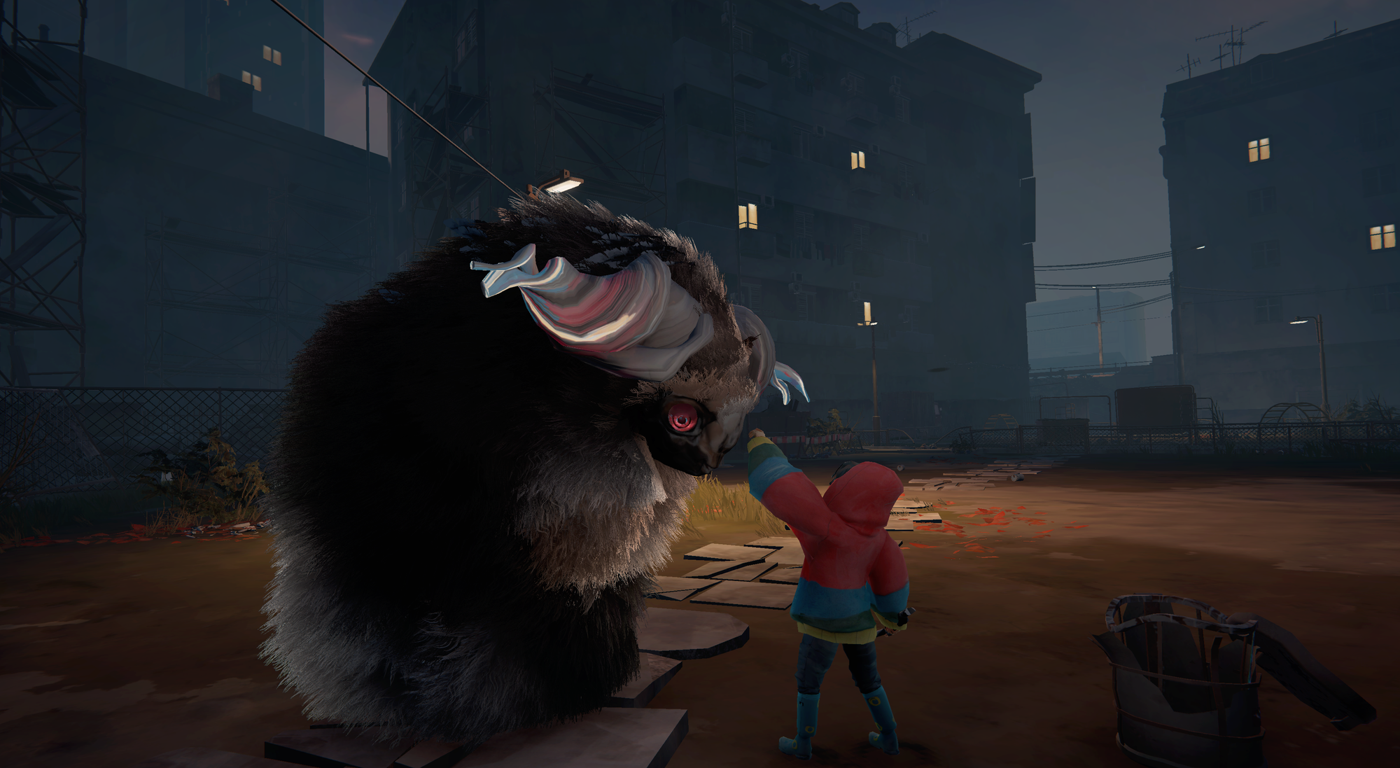 Via pets a Calicorn in an abandoned park.