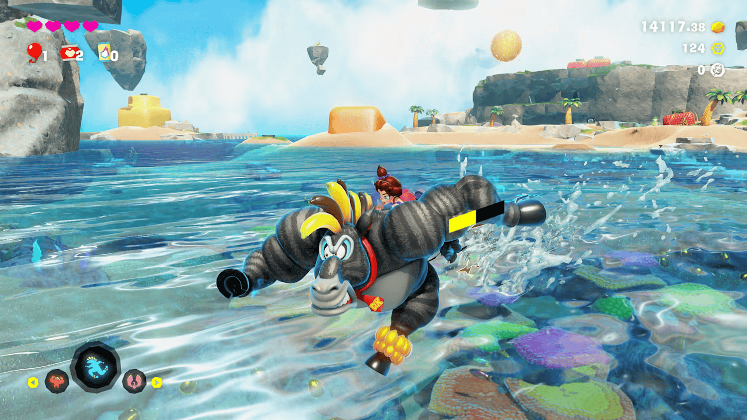 Pauline rides across the water on the back of Donkey Kong, whose been transformed into a horse.