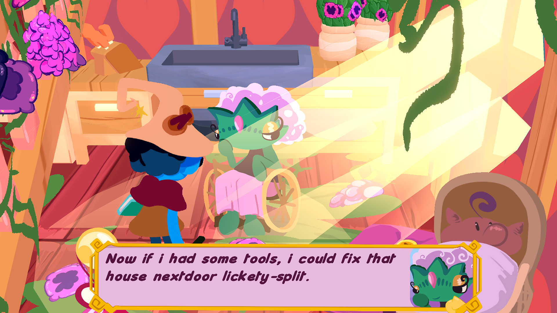 Rhell speaks with a green NPC in a wheelchair who says, "Now, if I had some tools, I could fix the house next door lickety-split."