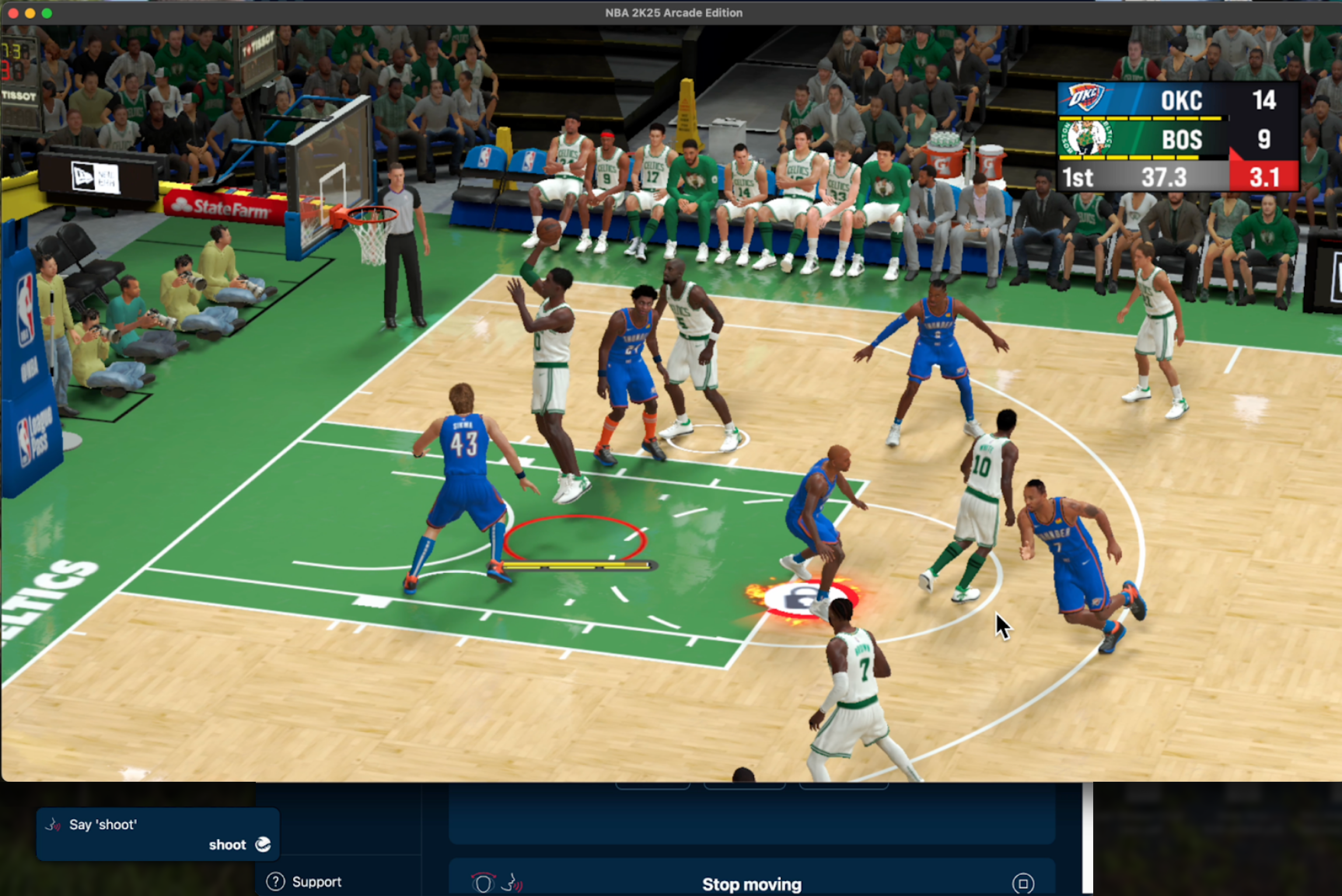 Screenshot of NBA2K25 showing Cephable running below with "Say 'Shoot'" and "Stop moving" commands.