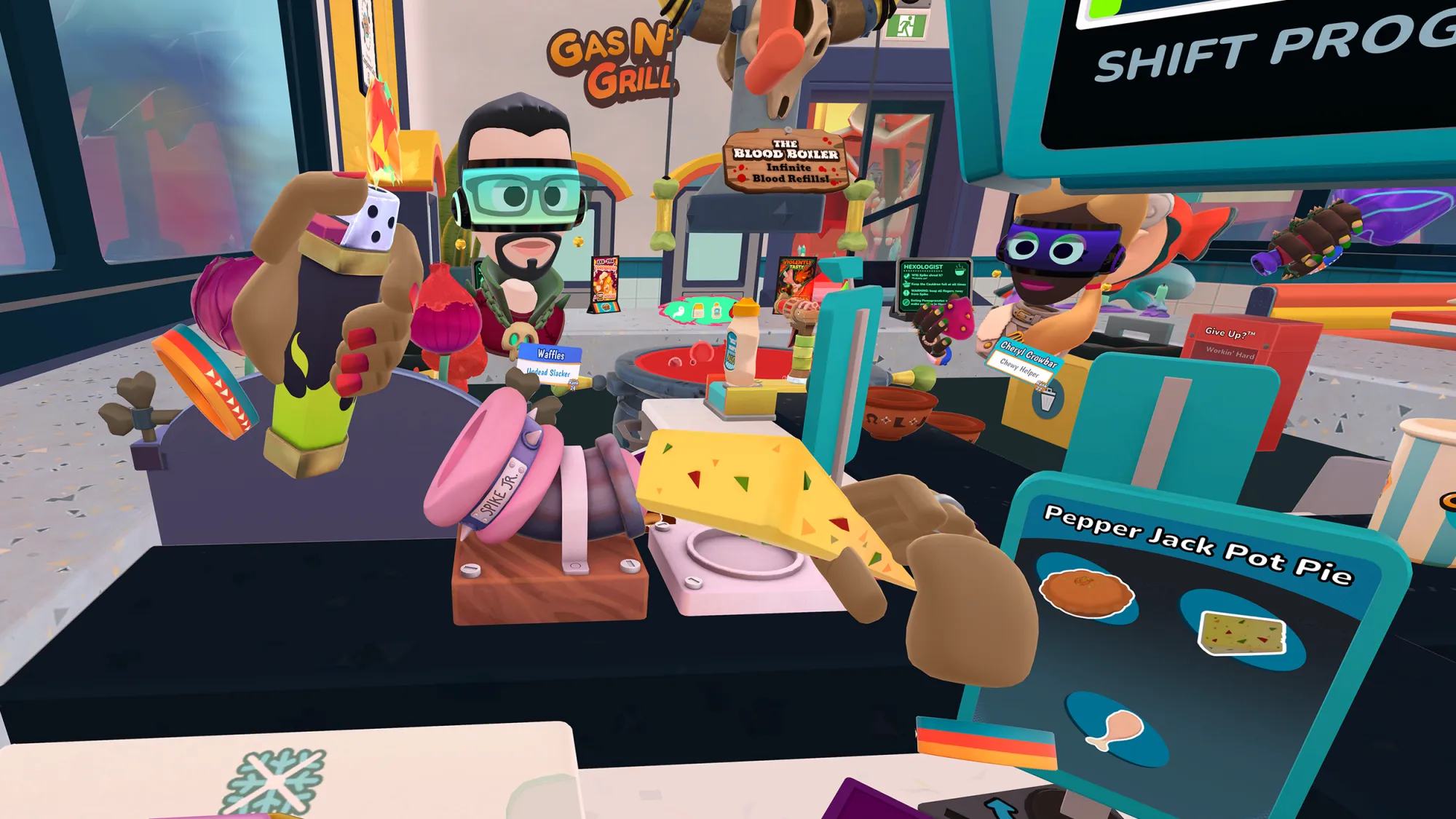 The player makes pepper jack pot pie and holds cheese in their hand. Across from them is a man with a goatee waiting for his order.