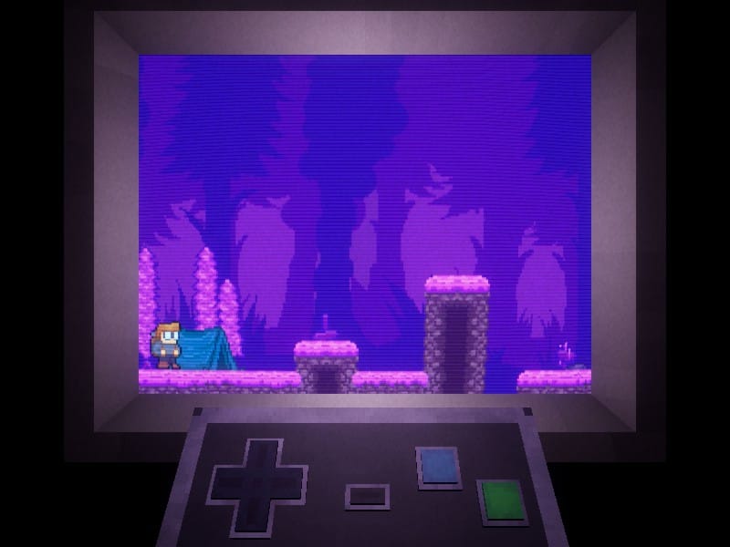 In-game screenshot of a player character with orange hair and glasses in a purple environment, preparing for their first jump.
