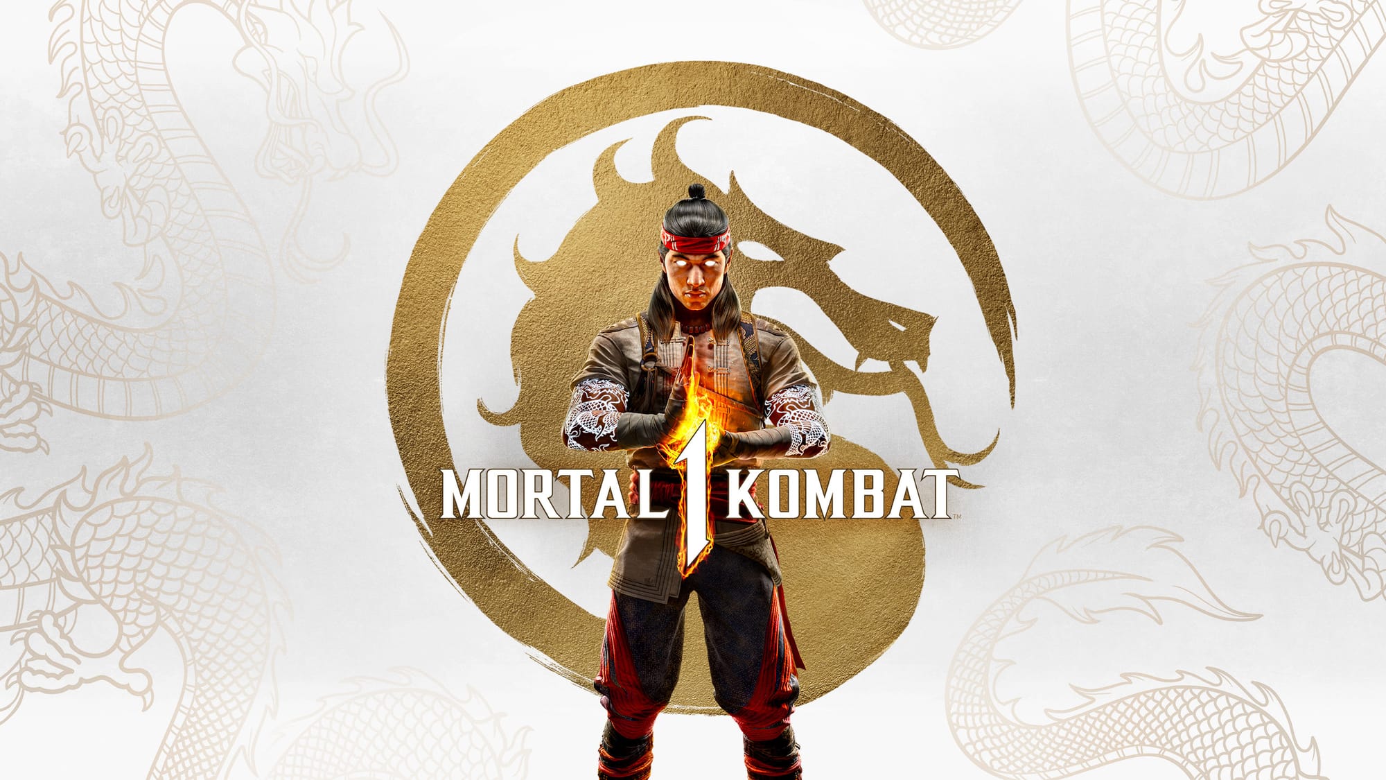 A fighter with a red headband and glowing eyes stands in front of a golden dragon. There is fire between his hands.