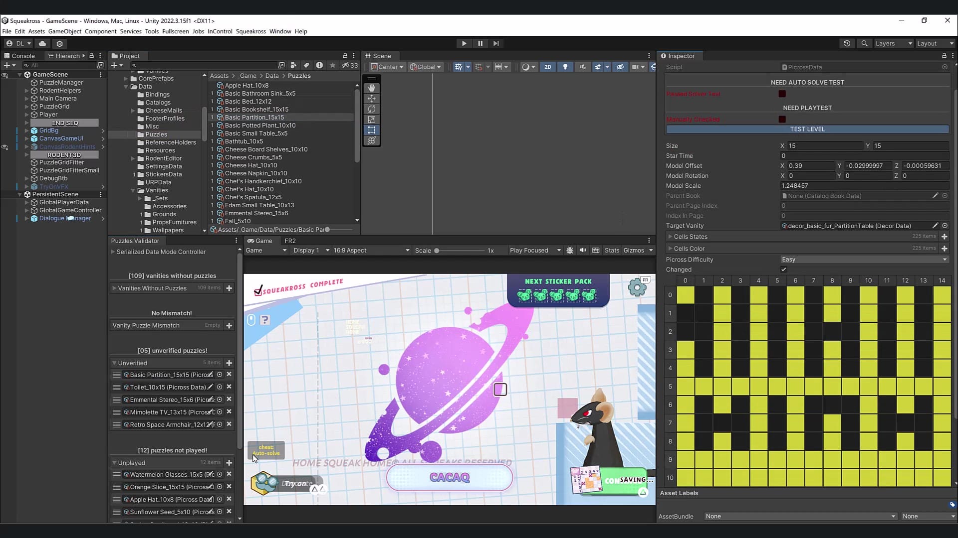 Early development screenshot in Unity showing a puzzle space with several yellow planning grids, a black mouse on the side of the screen, and a purple planet with rings.