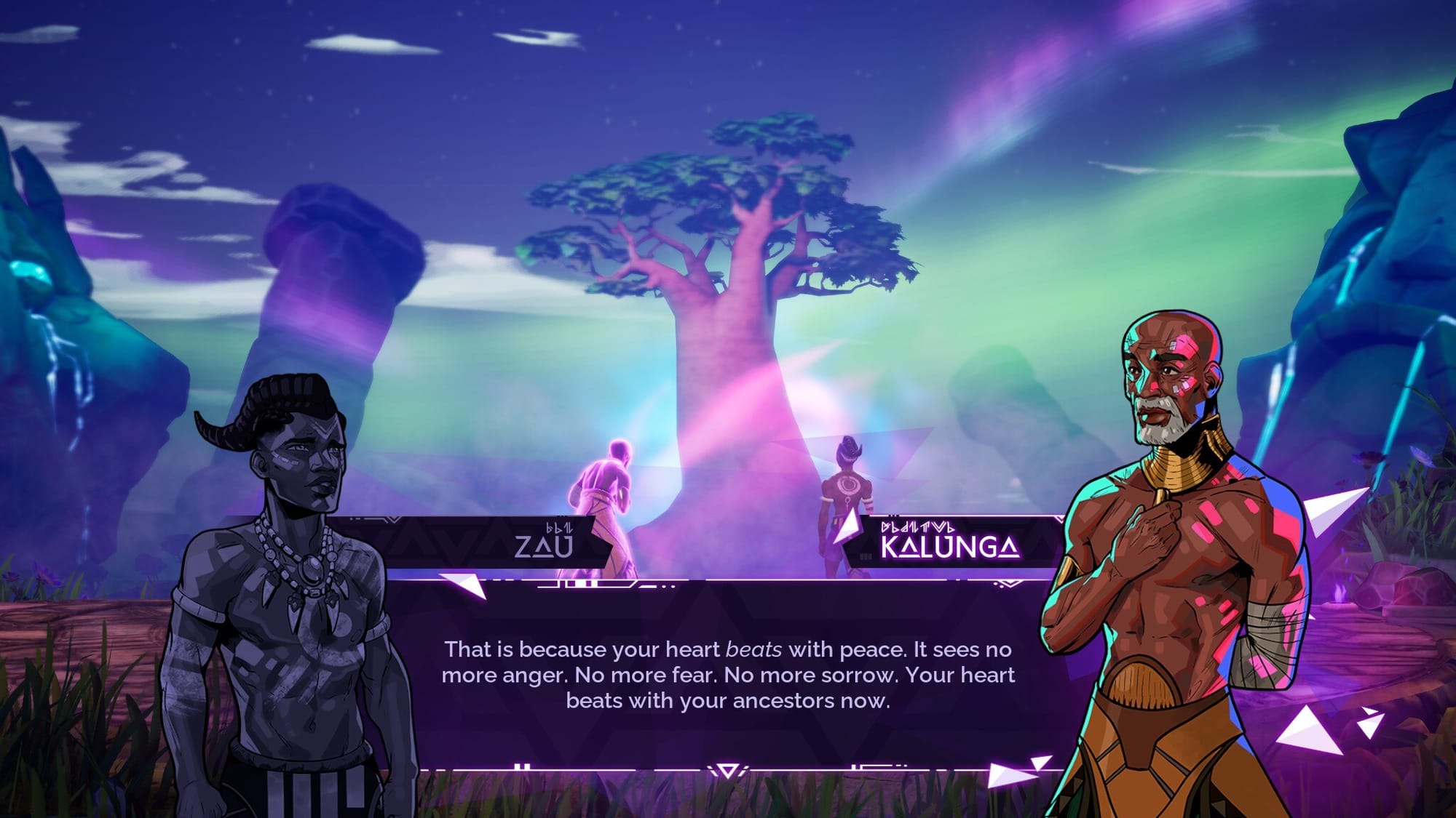 Kalunga, an elderly Black man, speaks to Zau and says, “That is because your heart beats with peace. It holds no more anger. No more fear. No more sorrow. Your heart now beats with your ancestors.” 