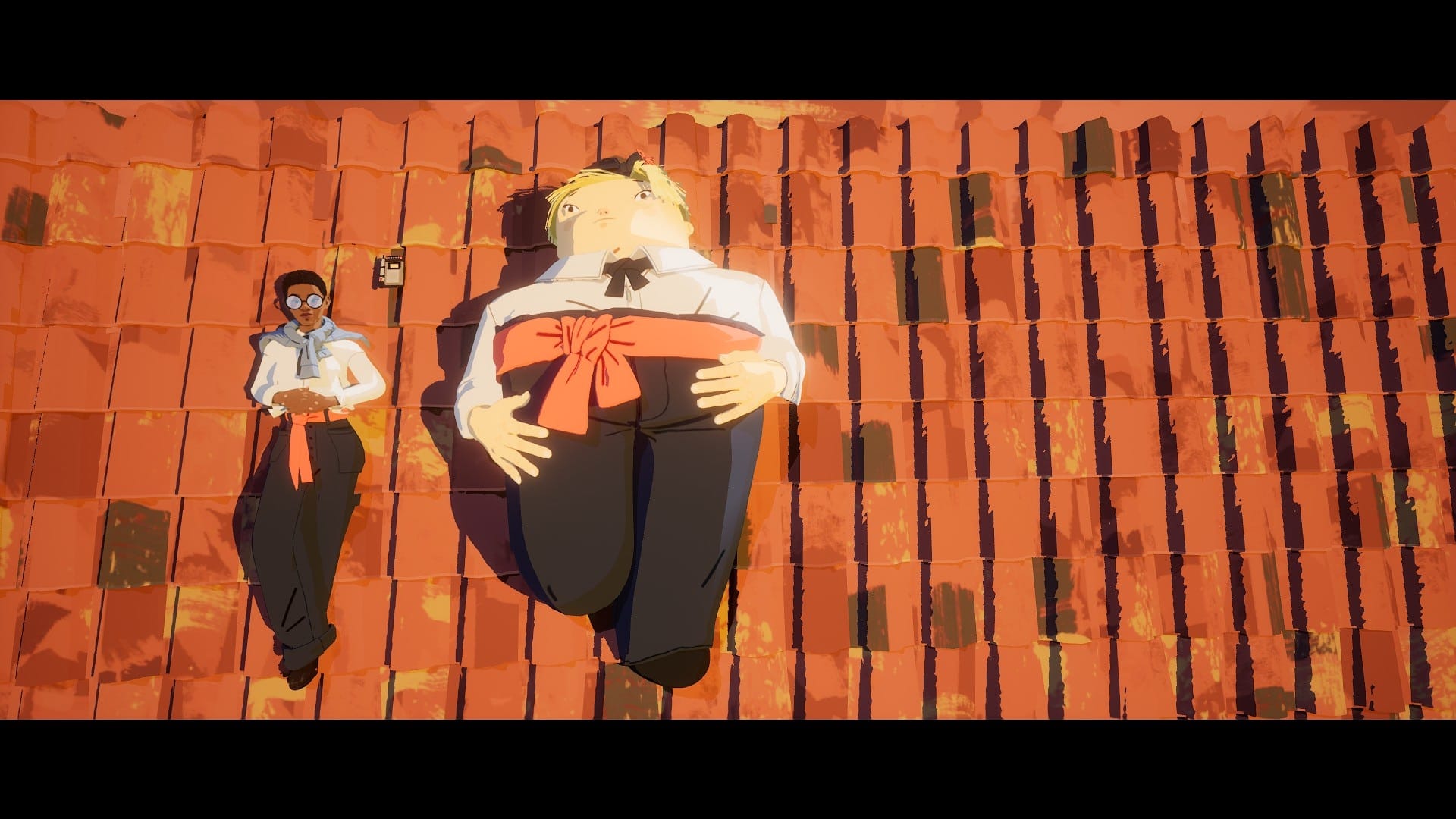 Estelle, a Black woman with large glasses lays on a red roof with her friend, Pâté.