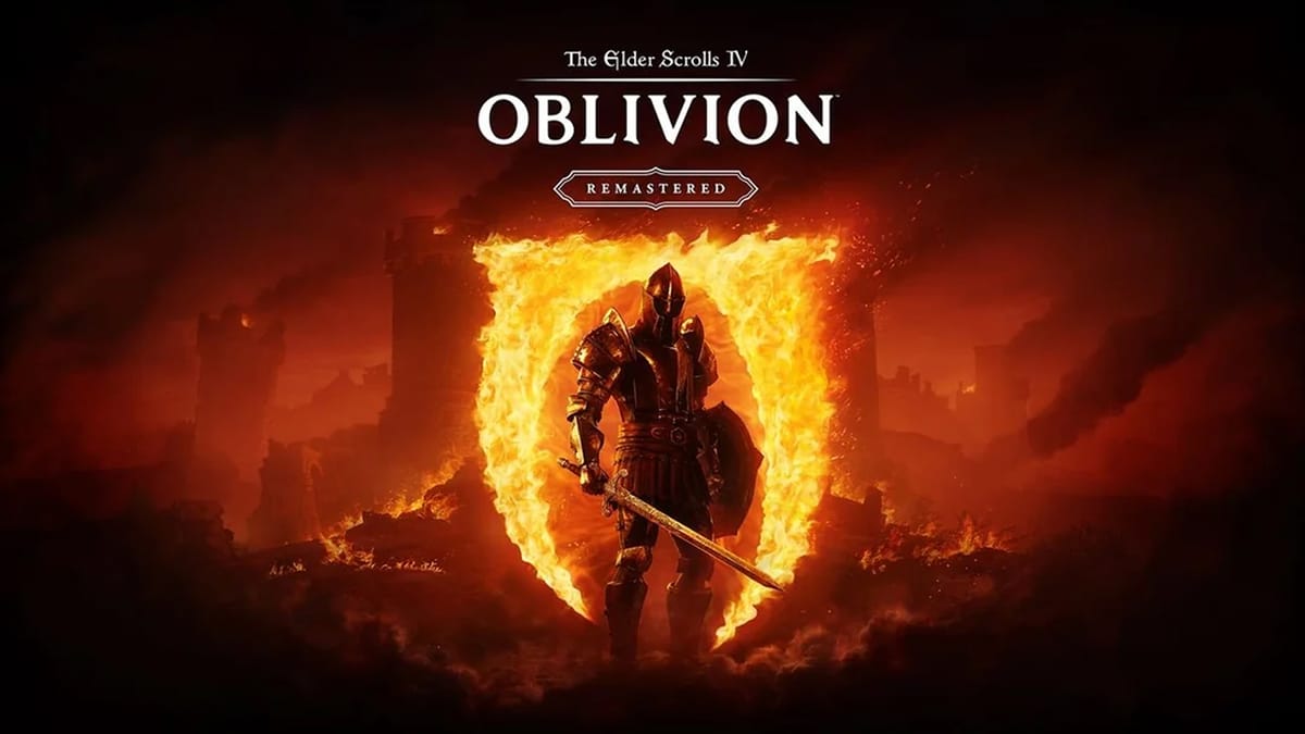 Article featured image showing warrior standing in front of fiery Oblivion rune, Elder Scrolls logo above