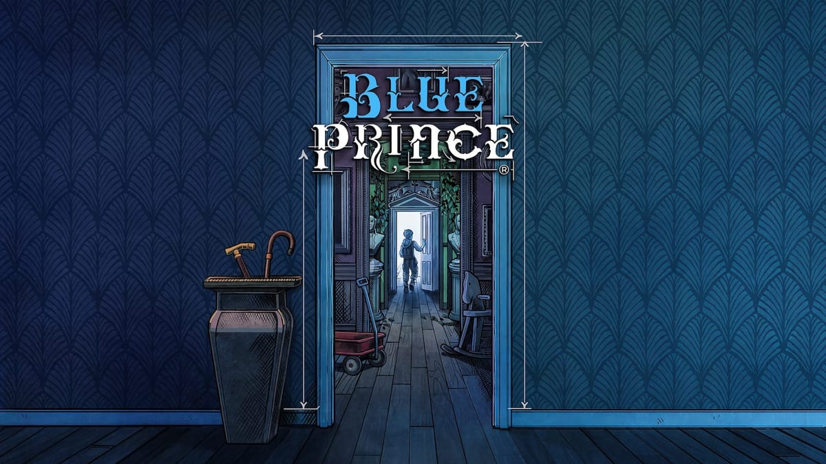 Key art for Blue Prince showing character through multiple doorways, with regal wallpaper, umbrella container, red wagon, and other mysterious objects.