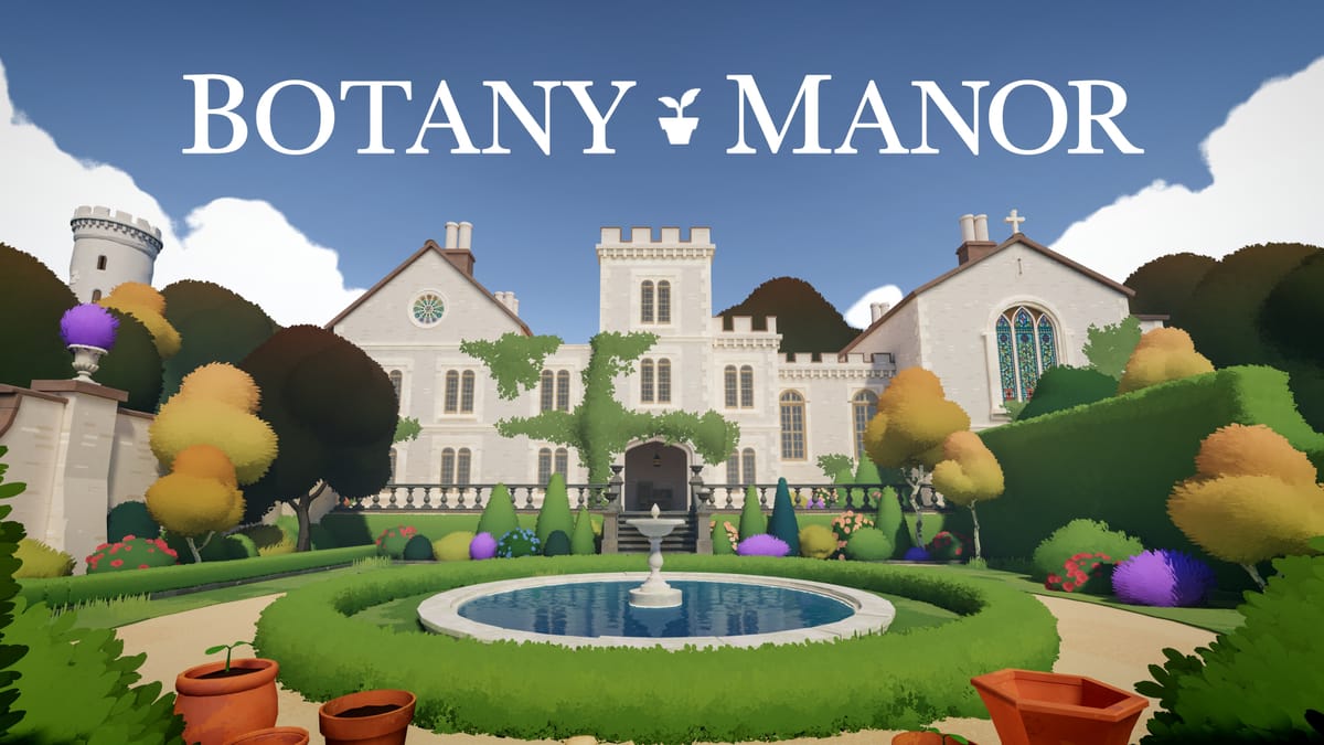 "Botany Manor" text against a blue sky, scenic stone manor and garden below.