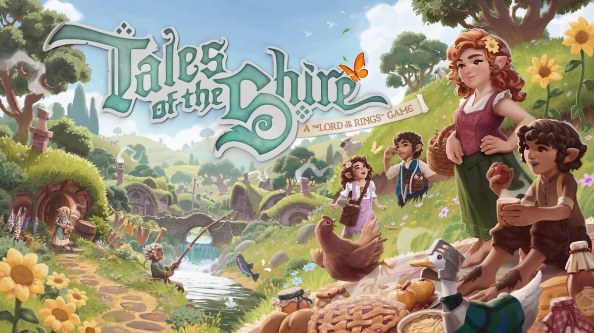 Tales of the Shire promotional artwork showing cheerful hobbits in a pastoral village setting with hobbit holes, gardens, a stream, and farm animals including chickens and ducks.