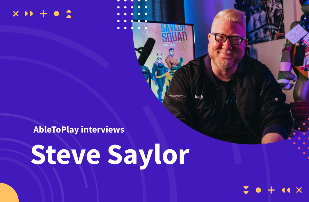 A graphic of Steve Saylor, a man with white hair and black glasses, on a purple background.