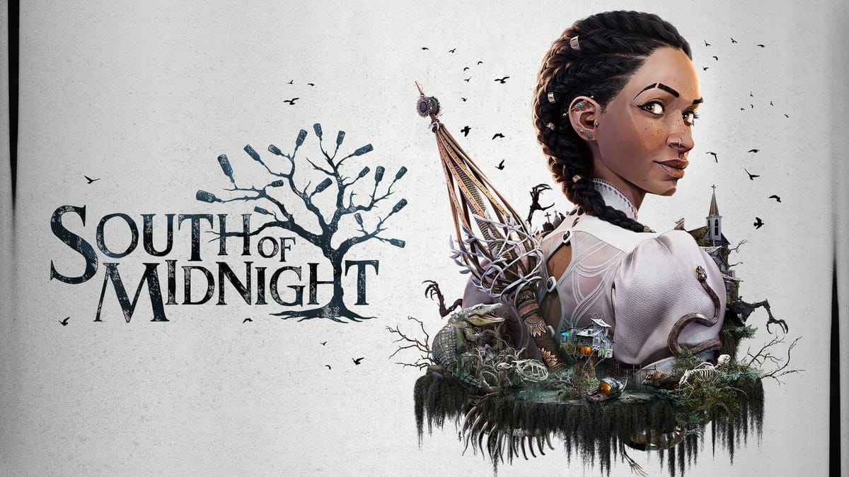 Hazel, a young Black woman with braids looks over her shoulder. Next to her is the game's title, South of Midnight with a tree growing.