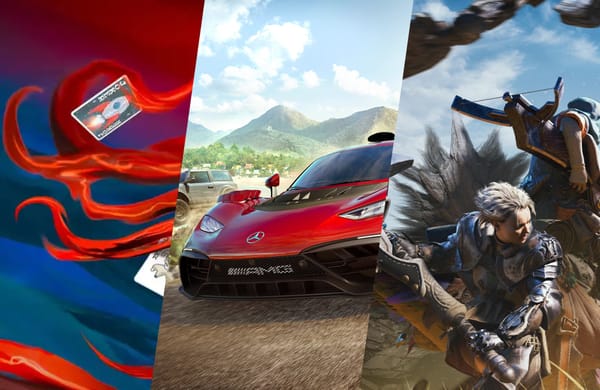 Article featured image showing 3 sections: abstract red and blue cards, red sports car in tropical environment, and pair of monster hunters mid-fight.