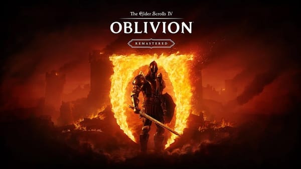 Article featured image showing warrior standing in front of fiery Oblivion rune, Elder Scrolls logo above