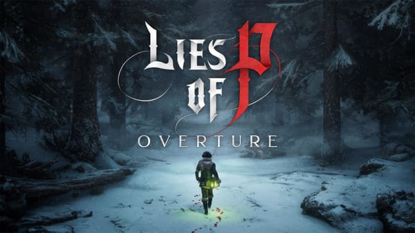 Lies of P: Overture" title screen showing a lone figure walking through a snowy, desolate landscape with bare trees.