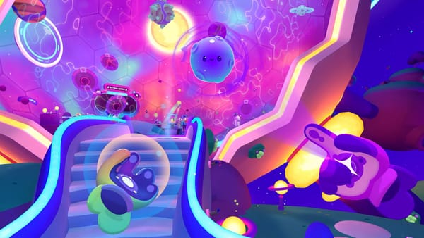 Space scene with purple asteroid interior, blue pathway, player hands in foreground, smiling purple asteroid friend in distance.