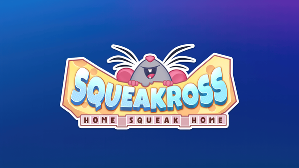 Squeakross: Home Squeak Home logo with a gray mouse holding cheese.